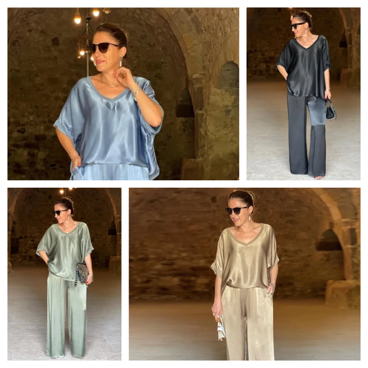 Women's 2 Piece Set Loose Satin Suit Short Sleeve T-shirt 2 Pairs of Pants Summer