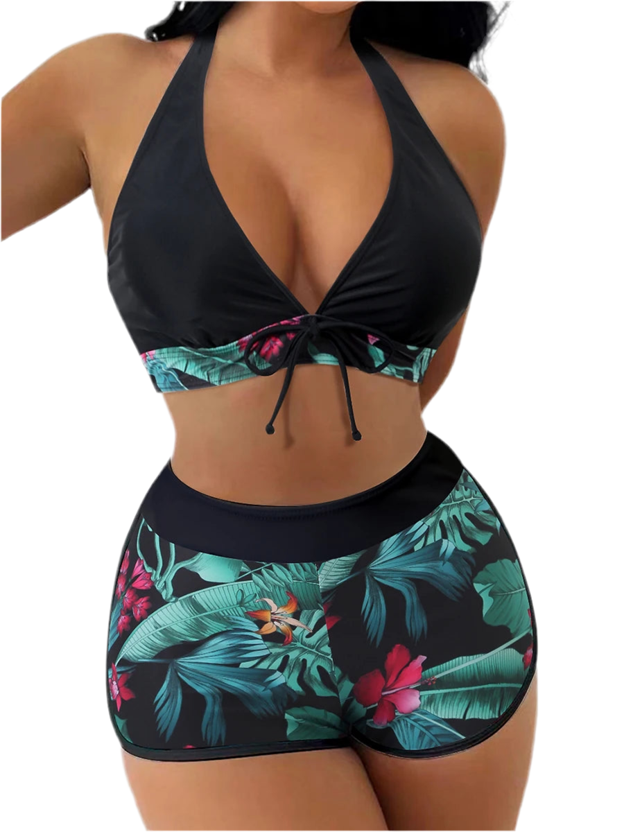 Conjunto de bikini estilo halter 2025, traje de baño corto de cintura alta para mujer, bañador estampado para mujer, traje de baño para playa