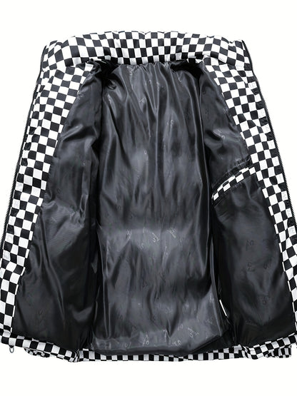 Chaqueta de invierno acolchada para hombre, verde y blanca, con diseño de cuadros, gruesa y aislada, con cuello alto