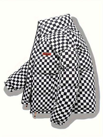 Chaqueta de invierno acolchada para hombre, verde y blanca, con diseño de cuadros, gruesa y aislada, con cuello alto