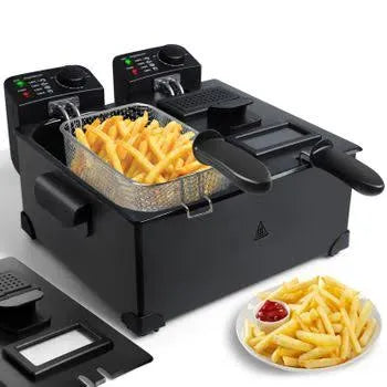 Double-bowl fryer, total capacity 6L: 2 3L bowls, thermostatic control, 2 lids with window and 2 baskets, fully removable, BPA free, professional fryer, 3600W