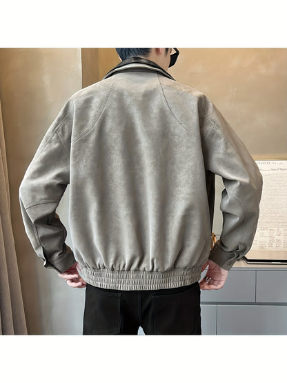 Chaqueta Casual de Cuero Sintético para Hombre - Abrigo Holgado de Manga Larga con Cremallera y Hombros Caídos, Cuello de Dos Capas y Bolsillos