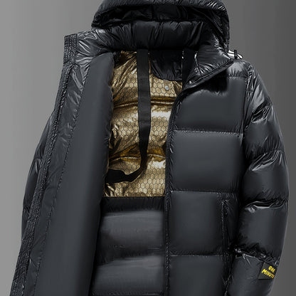 Chaqueta de Invierno para Hombre de Alta Resistencia con Capucha - Grado Marino - Abrigo Acolchado, Cremallera Dorada y Bolsillos con Letras