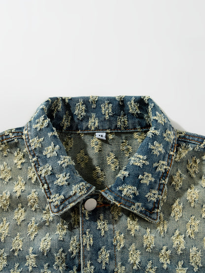 Chaqueta de Denim para Hombre con Cuello Vuelto, Diseño Rasgado y Lavada Nueva - Casual Versátil