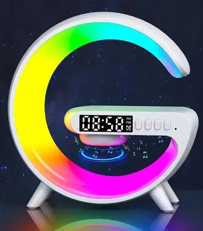 Color blanco y negro Cargador inalámbrico para IPhone forma G, luces led multicolor lámpara mesa , cargador con altavoces y alarma