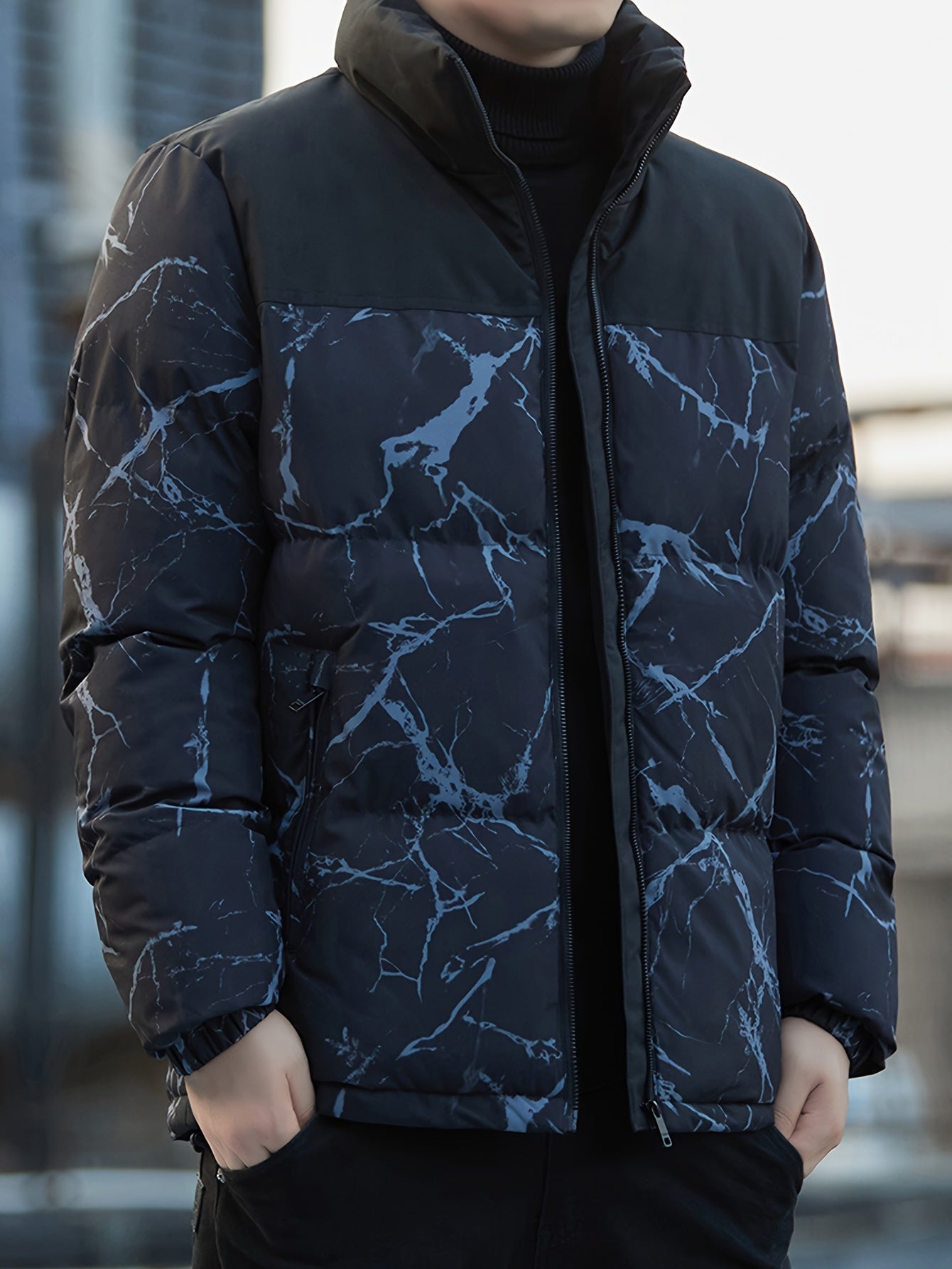 Chaqueta de Invierno para Hombre Resistente al Frío con Cremallera Completa, Cuello Alto y Patrón a Rayas - Abrigo Grueso y Cálido