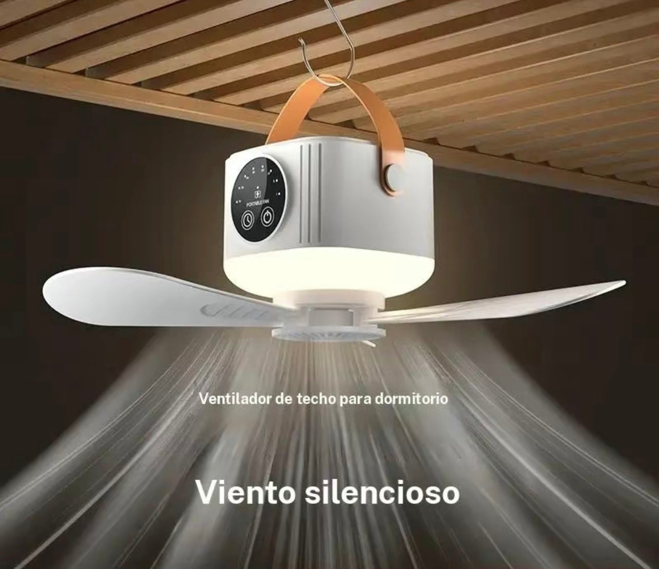 Ventilador de techo portátil silencioso con luz LED y ventilador, recargable