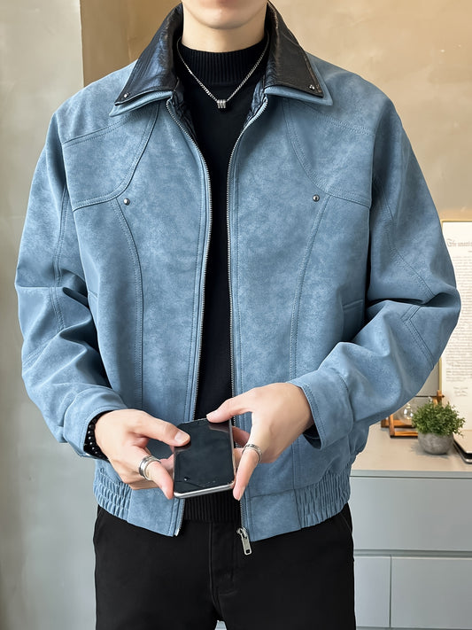 Chaqueta Casual de Cuero Sintético para Hombre - Abrigo Holgado de Manga Larga con Cremallera y Hombros Caídos, Cuello de Dos Capas y Bolsillos