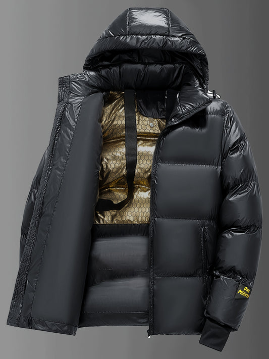 Chaqueta de Invierno para Hombre de Alta Resistencia con Capucha - Grado Marino - Abrigo Acolchado, Cremallera Dorada y Bolsillos con Letras