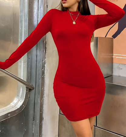 Vestido mini ajustado de manga larga para mujer, cuello alto, plisado, fruncido, para fiesta, noche, club, color liso