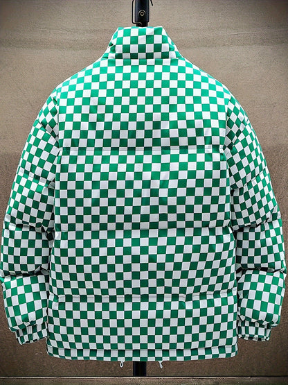 Chaqueta de invierno acolchada para hombre, verde y blanca, con diseño de cuadros, gruesa y aislada, con cuello alto