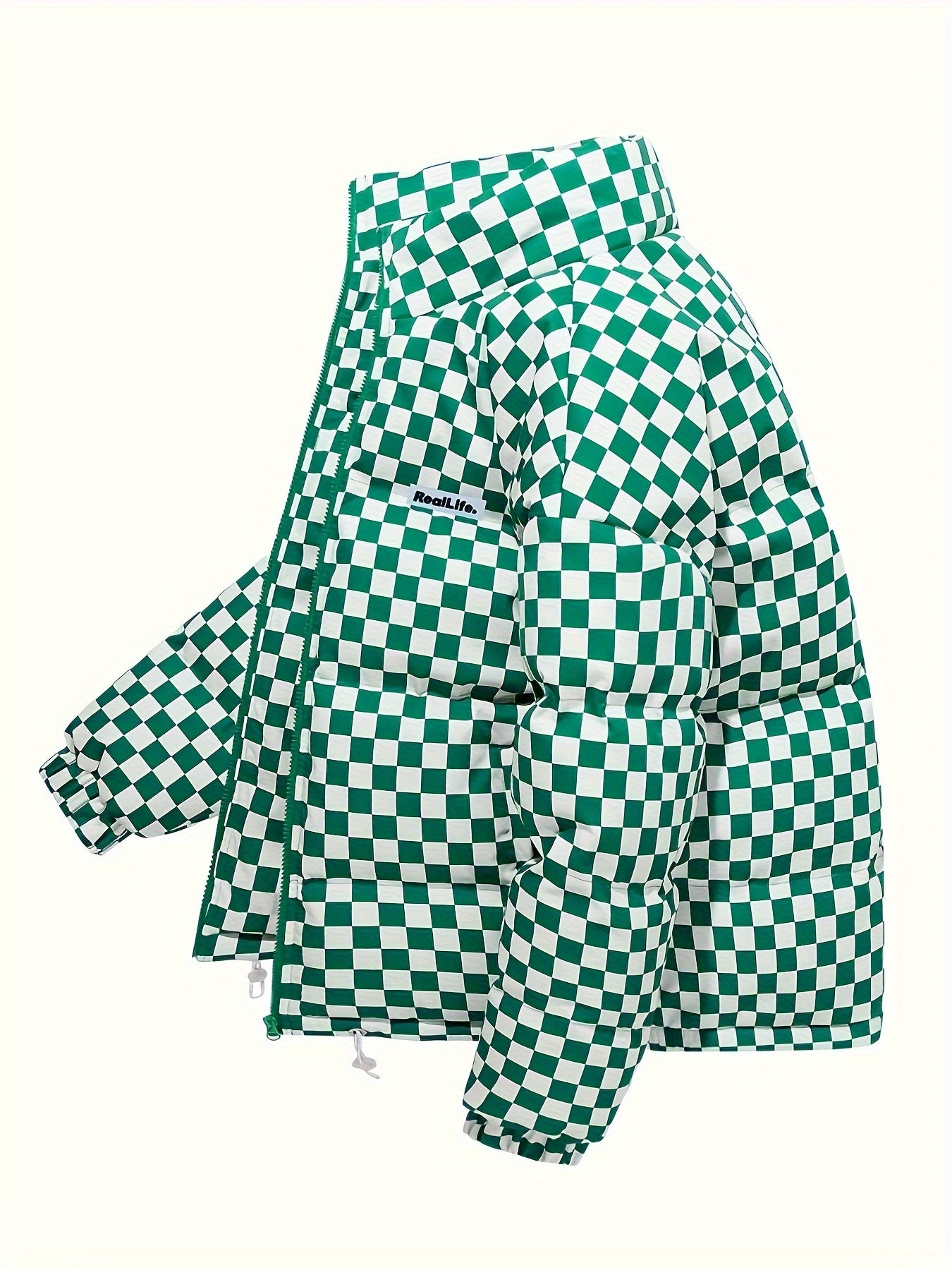 Chaqueta de invierno acolchada para hombre, verde y blanca, con diseño de cuadros, gruesa y aislada, con cuello alto