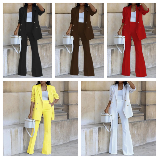 Women's two-piece suit, double-breasted lapel jacket, wide-leg pants, office or party lady suit