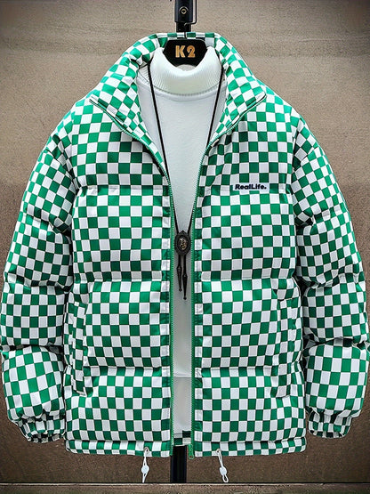Chaqueta de invierno acolchada para hombre, verde y blanca, con diseño de cuadros, gruesa y aislada, con cuello alto