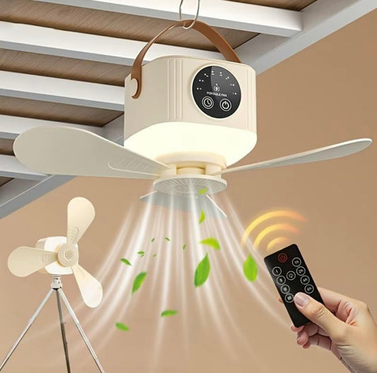 Ventilador de techo portátil silencioso con luz LED y ventilador, recargable