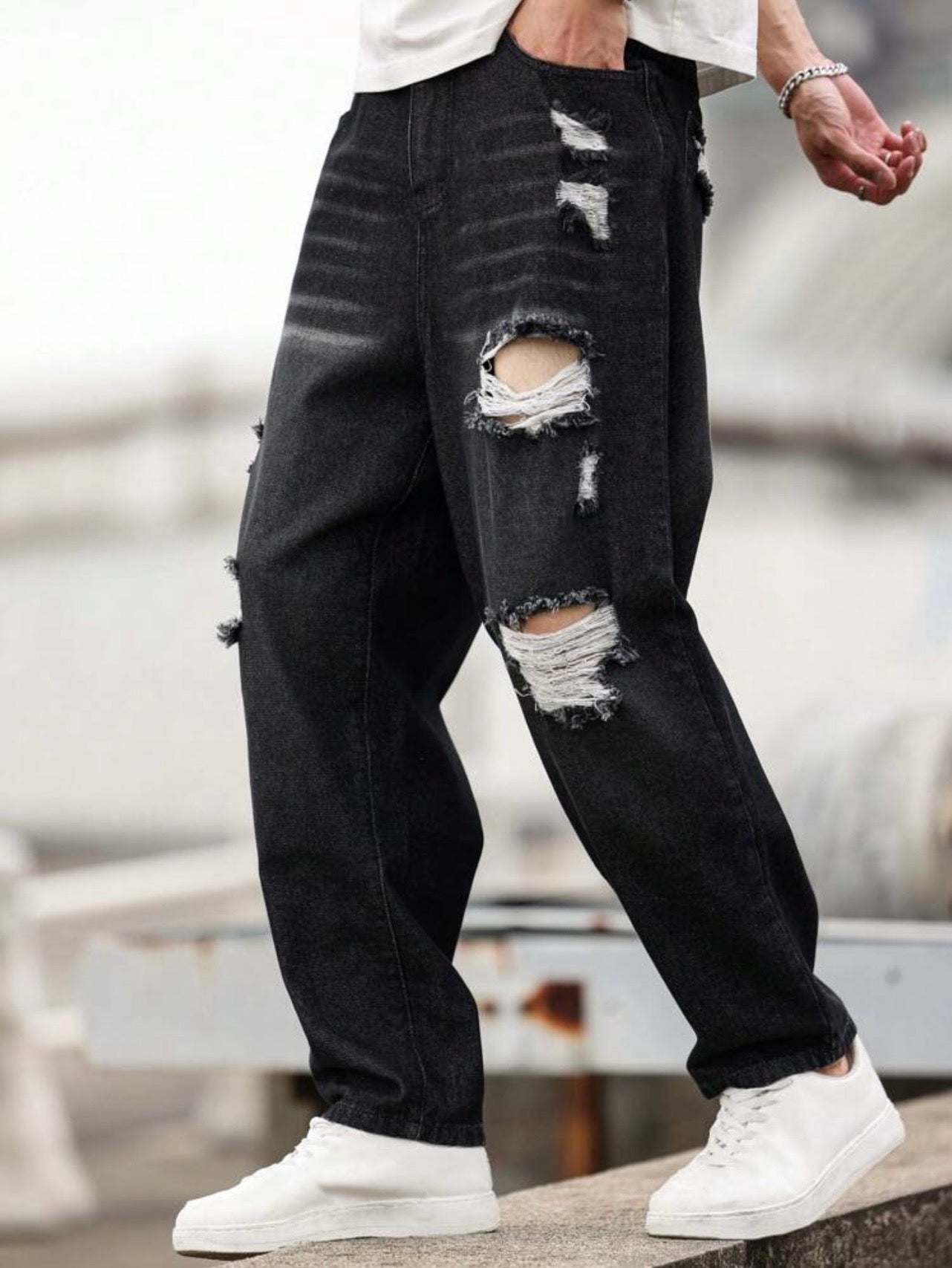 Vaqueros , Pantalón ,Jeans desgastados, de corte holgado, para hombres