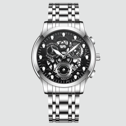 Reloj de negocios para hombre, diseño de esqueleto, estilo mecánico de moda, acero inoxidable, movimiento de cuarzo, calendario, reloj de pulsera impermeable para hombre.