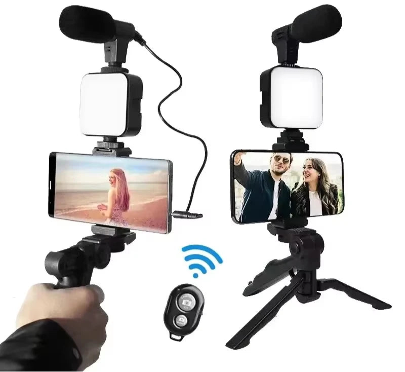 trípode, soporte para teléfono, mini micrófono, luz LED de relleno, para TikTok, transmisión en vivo, vídeo y YouTube.