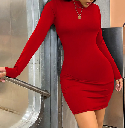 Vestido mini ajustado de manga larga para mujer, cuello alto, plisado, fruncido, para fiesta, noche, club, color liso