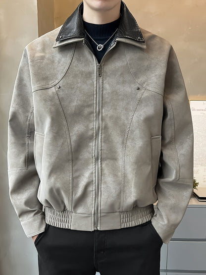 Chaqueta Casual de Cuero Sintético para Hombre - Abrigo Holgado de Manga Larga con Cremallera y Hombros Caídos, Cuello de Dos Capas y Bolsillos