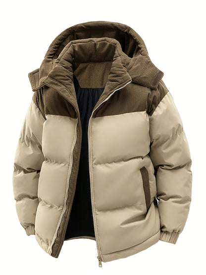 Nueva chaqueta de moda con detalles de panel de corduroy. Este estilo de pareja con forro y capucha cuenta con aislamiento reforzado para el calor y un ajuste suelto, perfecto como capa exterior de invierno