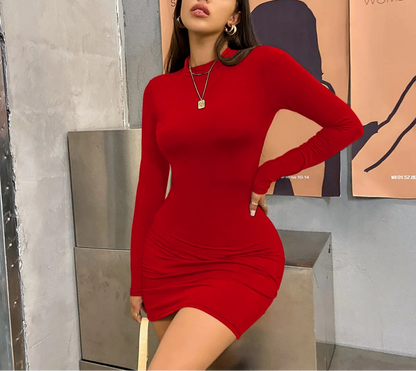 Vestido mini ajustado de manga larga para mujer, cuello alto, plisado, fruncido, para fiesta, noche, club, color liso