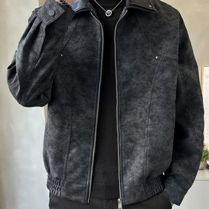 Chaqueta Casual de Cuero Sintético para Hombre - Abrigo Holgado de Manga Larga con Cremallera y Hombros Caídos, Cuello de Dos Capas y Bolsillos