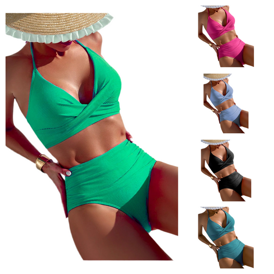 Bikini sexy de cintura alta 2025 para mujer, traje de baño con cuello halter, traje de baño liso para mujer, traje de baño para playa de verano.