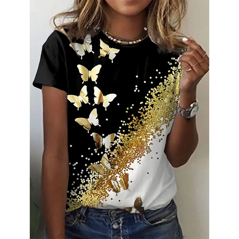 Camiseta con estampado de mariposa 3D y cuello redondo para mujer, camisetas de manga corta de verano a la moda, top de verano de gran tamaño, ropa femenina, novedad de 2024
