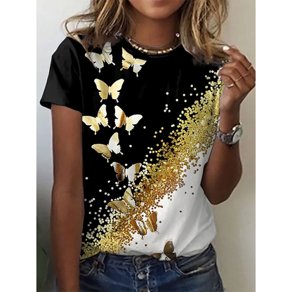 Camiseta con estampado de mariposa 3D y cuello redondo para mujer, camisetas de manga corta de verano a la moda, top de verano de gran tamaño, ropa femenina, novedad de 2024