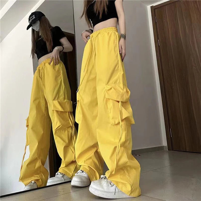 Pantalones  para mujer, ropa de calle de cintura alta, pantalones de Hip Hop, pantalones de chándal holgados informales con bolsillos grandes y cordón de cintura baja