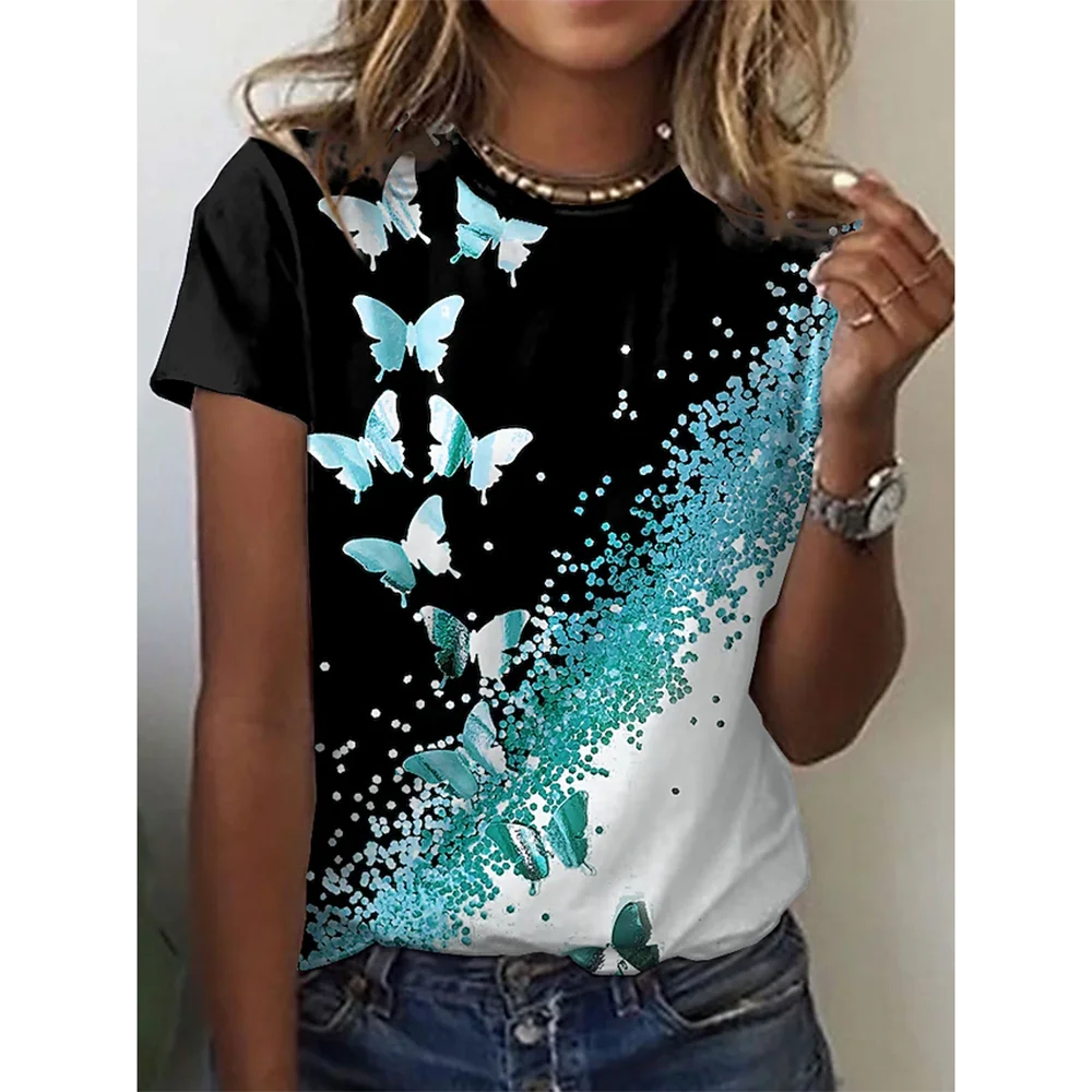 Camiseta con estampado de mariposa 3D y cuello redondo para mujer, camisetas de manga corta de verano a la moda, top de verano de gran tamaño, ropa femenina, novedad de 2024