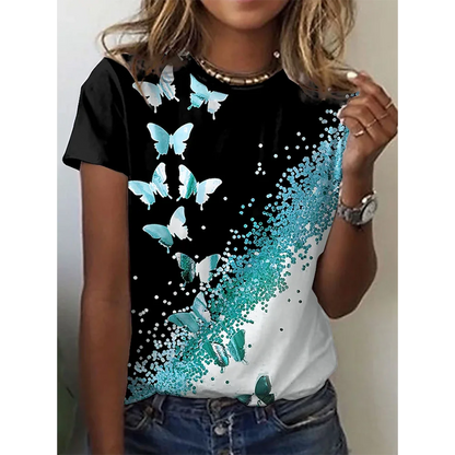 Camiseta con estampado de mariposa 3D y cuello redondo para mujer, camisetas de manga corta de verano a la moda, top de verano de gran tamaño, ropa femenina, novedad de 2024