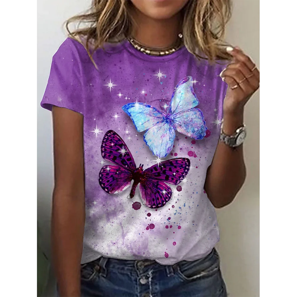 Camiseta con estampado de mariposa 3D y cuello redondo para mujer, camisetas de manga corta de verano a la moda, top de verano de gran tamaño, ropa femenina, novedad de 2024