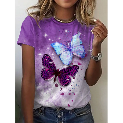 Camiseta con estampado de mariposa 3D y cuello redondo para mujer, camisetas de manga corta de verano a la moda, top de verano de gran tamaño, ropa femenina, novedad de 2024