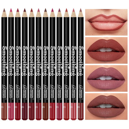 Juego de 12 labiales de larga duración con delineador profesional y brillo labial mate para mujer.