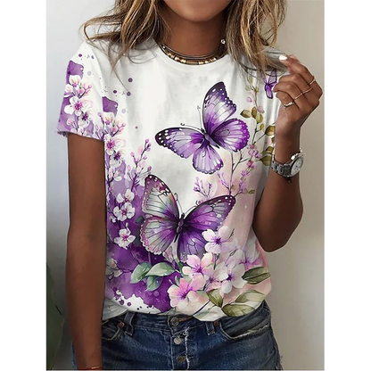Camiseta con estampado de mariposa 3D y cuello redondo para mujer, camisetas de manga corta de verano a la moda, top de verano de gran tamaño, ropa femenina, novedad de 2024