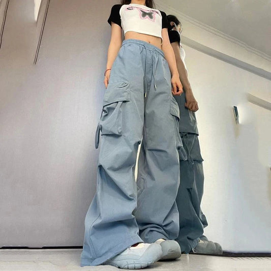 Pantalones  para mujer, ropa de calle de cintura alta, pantalones de Hip Hop, pantalones de chándal holgados informales con bolsillos grandes y cordón de cintura baja