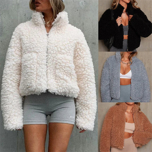 Abrigo corto de lana de cordero para mujer, chaquetas gruesas y cálidas de manga larga con cuello alto, ropa de calle de moda de otoño