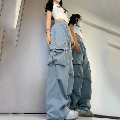 Pantalones  para mujer, ropa de calle de cintura alta, pantalones de Hip Hop, pantalones de chándal holgados informales con bolsillos grandes y cordón de cintura baja