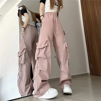 Pantalones  para mujer, ropa de calle de cintura alta, pantalones de Hip Hop, pantalones de chándal holgados informales con bolsillos grandes y cordón de cintura baja