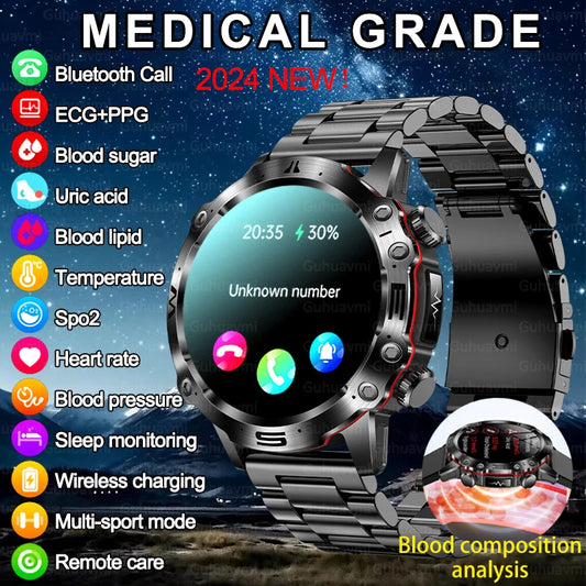 Reloj inteligente con diagnóstico médico de IA 2024, llamadas Bluetooth, monitor de glucosa en sangre, lípidos, ácido úrico, VFC, ECG, para hombres y mujeres