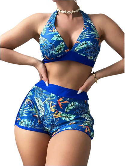 Conjunto de bikini estilo halter 2025, traje de baño corto de cintura alta para mujer, bañador estampado para mujer, traje de baño para playa