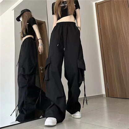 Pantalones  para mujer, ropa de calle de cintura alta, pantalones de Hip Hop, pantalones de chándal holgados informales con bolsillos grandes y cordón de cintura baja