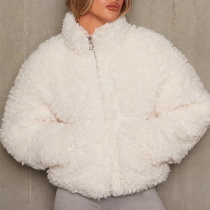 Abrigo corto de lana de cordero para mujer, chaquetas gruesas y cálidas de manga larga con cuello alto, ropa de calle de moda de otoño