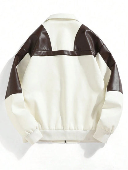 Chaqueta casual de piel sintética de color contrastante simple para hombres