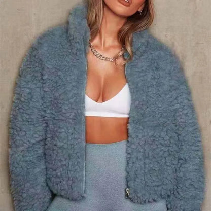 Abrigo corto de lana de cordero para mujer, chaquetas gruesas y cálidas de manga larga con cuello alto, ropa de calle de moda de otoño