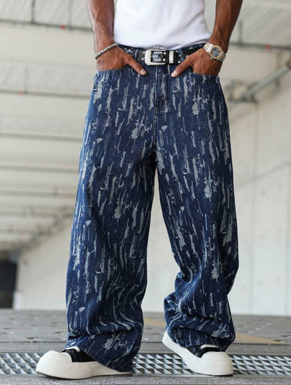 Jeans de pernera ancha de estilo urbano de jacquard azul oscuro para hombres