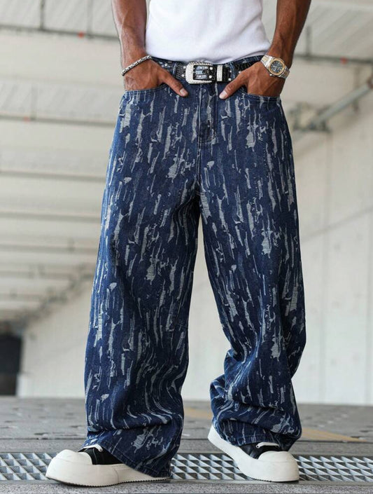 Jeans de pernera ancha de estilo urbano de jacquard azul oscuro para hombres