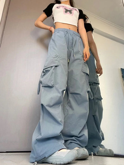 Pantalon cargo décontracté pour femme, taille haute, grandes poches, style hip-hop, streetwear, ample, avec cordon de serrage 